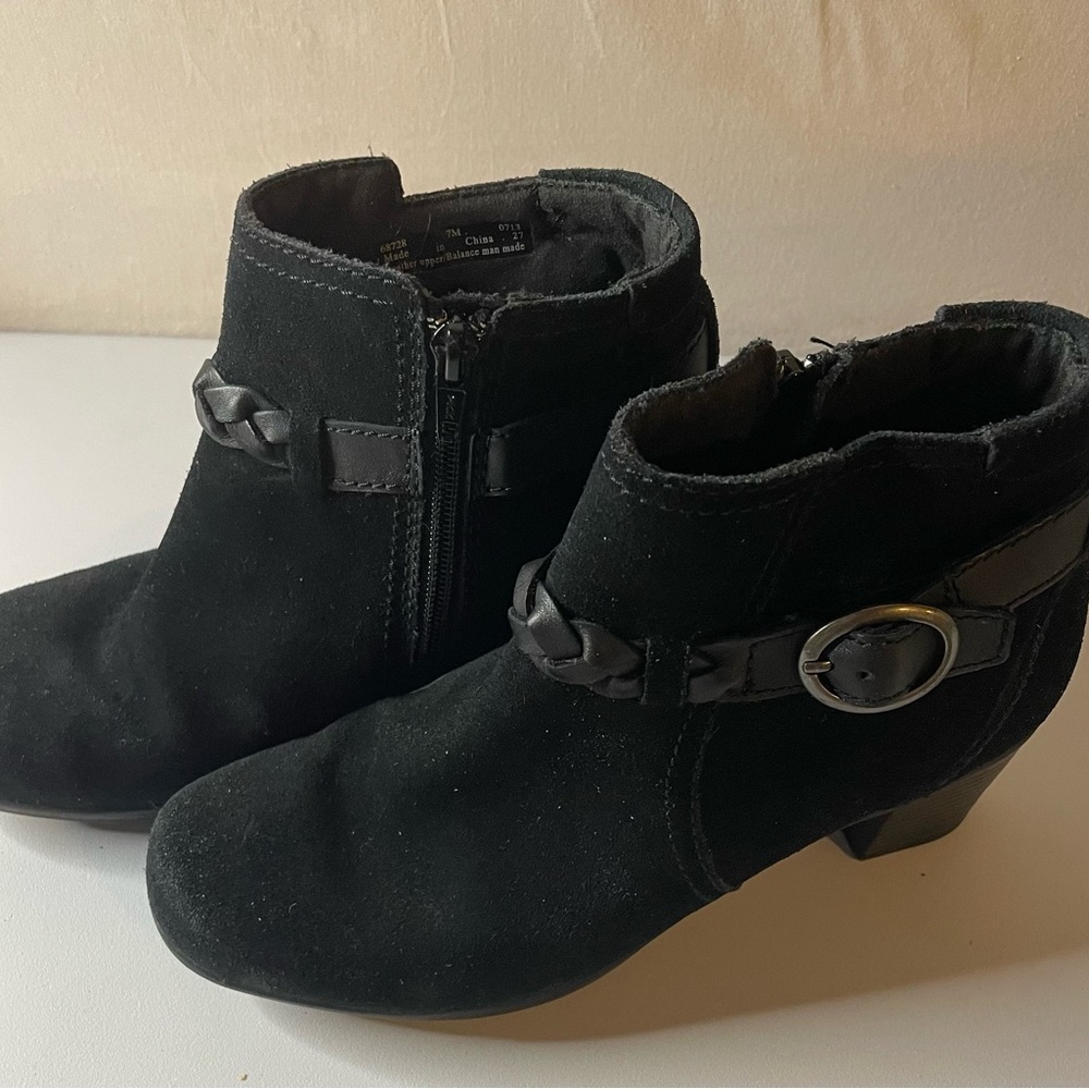 Clarks Black Ankle Booties with Braided Strap Leather Moto